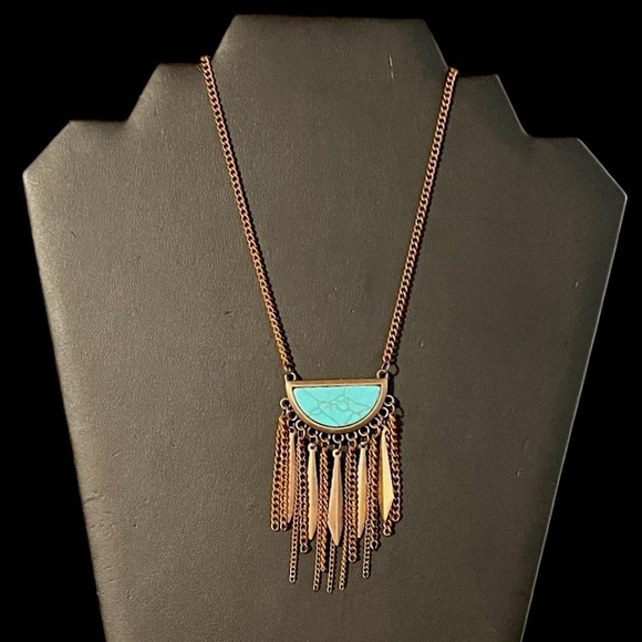 Southwest copper fringe and faux turquoise necklace - Picture 3 of 6